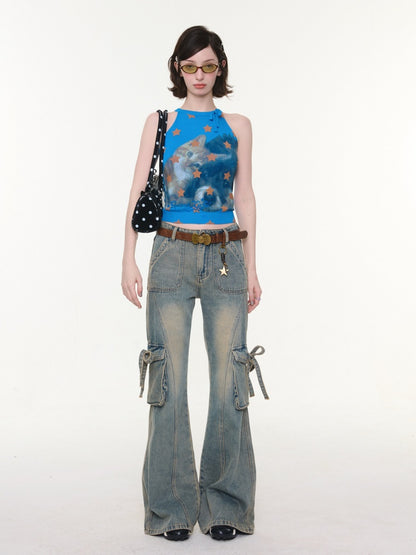 High Waist Slimming Distressed Bow Pocket Straight Bootcut Jeans【s0000016151】