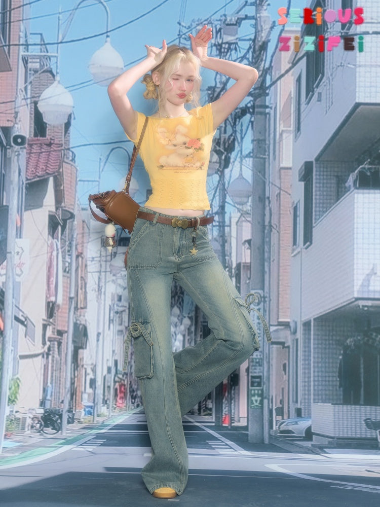 High Waist Slimming Distressed Bow Pocket Straight Bootcut Jeans【s0000016151】