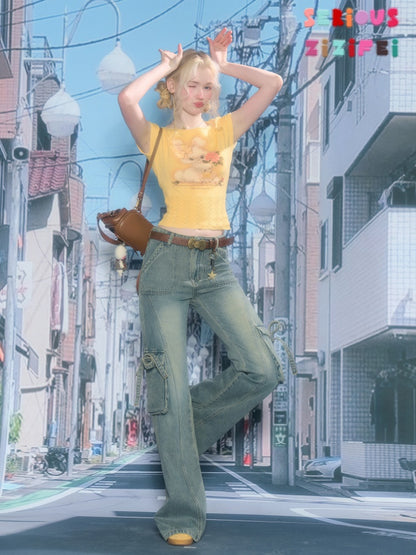 High Waist Slimming Distressed Bow Pocket Straight Bootcut Jeans【s0000016151】