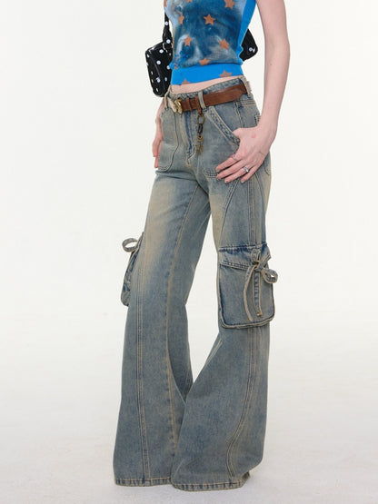 High Waist Slimming Distressed Bow Pocket Straight Bootcut Jeans【s0000016151】