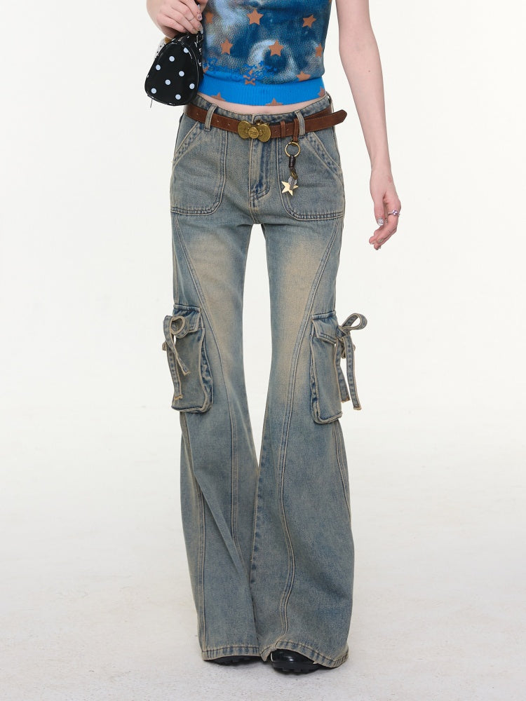 High Waist Slimming Distressed Bow Pocket Straight Bootcut Jeans【s0000016151】