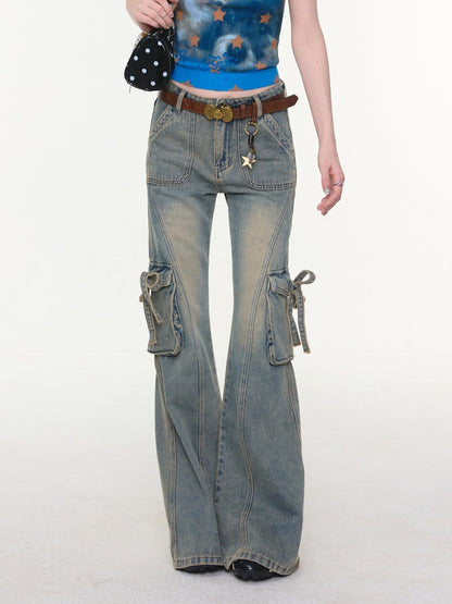 High Waist Slimming Distressed Bow Pocket Straight Bootcut Jeans【s0000016151】