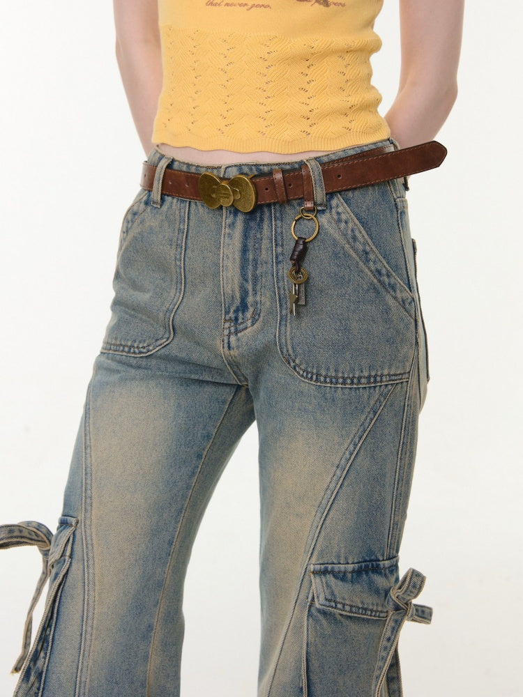 High Waist Slimming Distressed Bow Pocket Straight Bootcut Jeans【s0000016151】