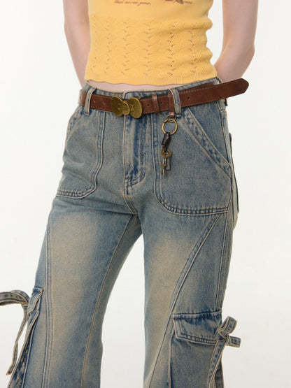High Waist Slimming Distressed Bow Pocket Straight Bootcut Jeans【s0000016151】