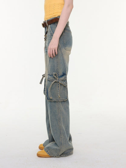 High Waist Slimming Distressed Bow Pocket Straight Bootcut Jeans【s0000016151】