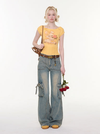 High Waist Slimming Distressed Bow Pocket Straight Bootcut Jeans【s0000016151】