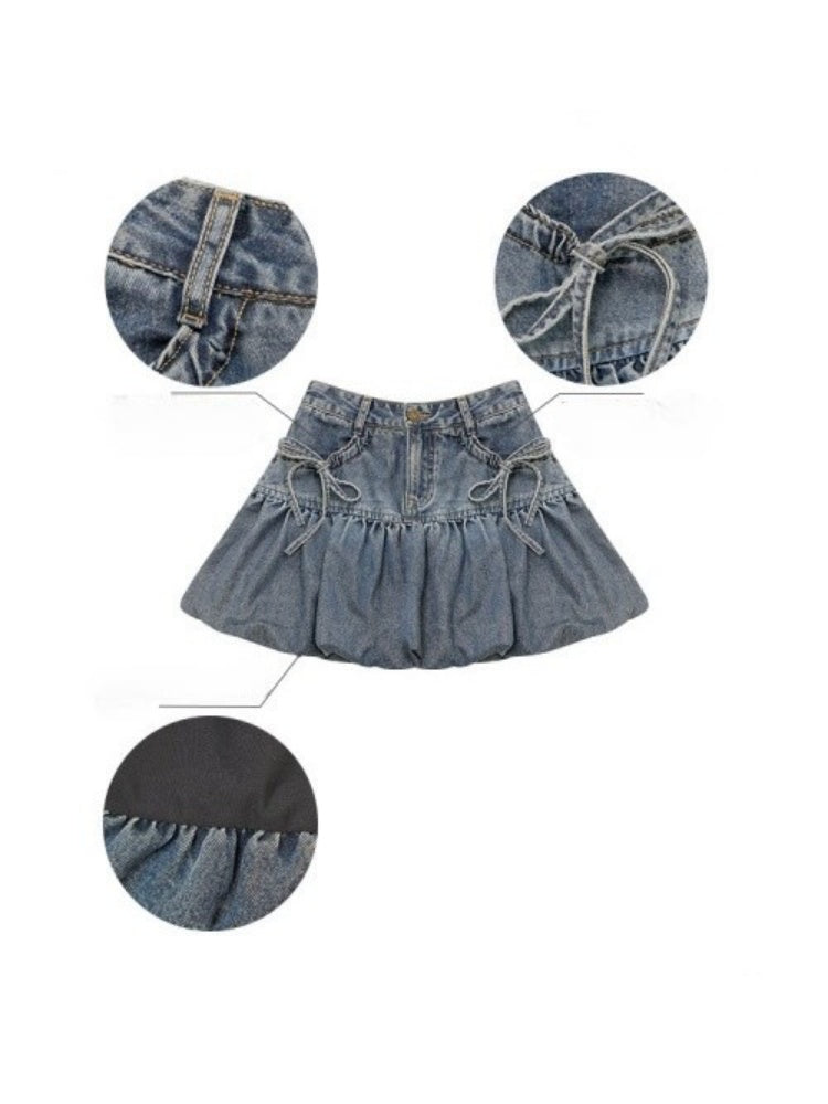 High-Waisted Slimming Bow Denim Bud Pocket Skirt【s0000016152】