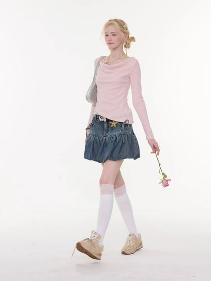 High-Waisted Slimming Bow Denim Bud Pocket Skirt【s0000016152】