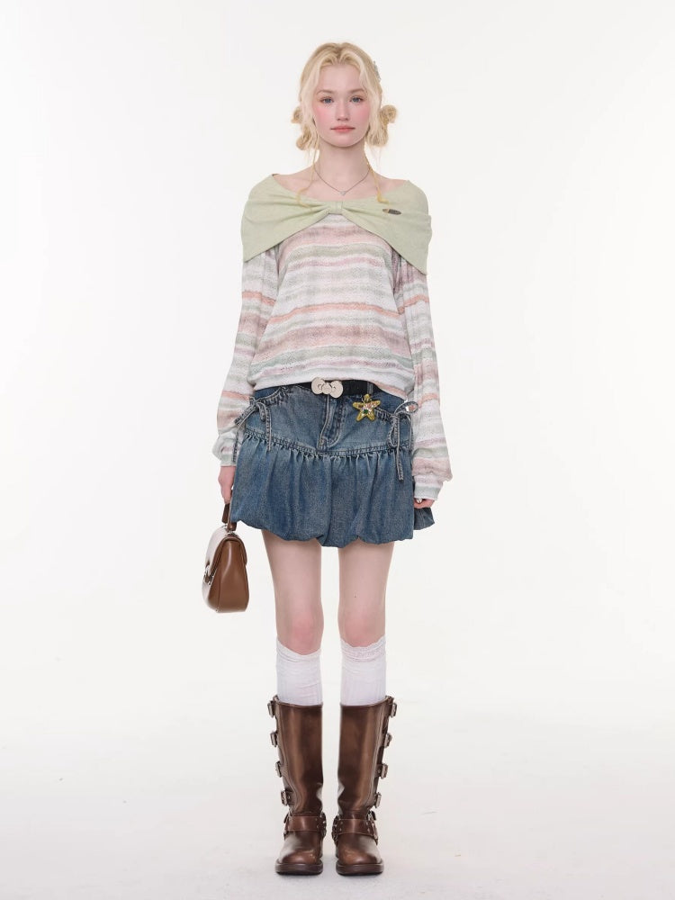 High-Waisted Slimming Bow Denim Bud Pocket Skirt【s0000016152】