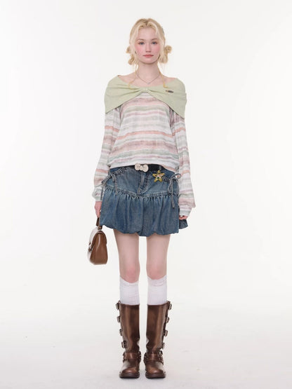 High-Waisted Slimming Bow Denim Bud Pocket Skirt【s0000016152】