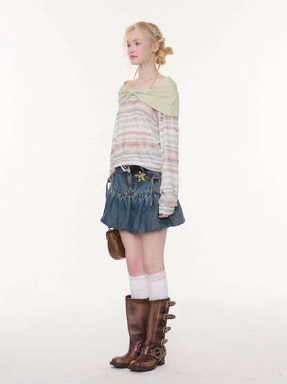 High-Waisted Slimming Bow Denim Bud Pocket Skirt【s0000016152】