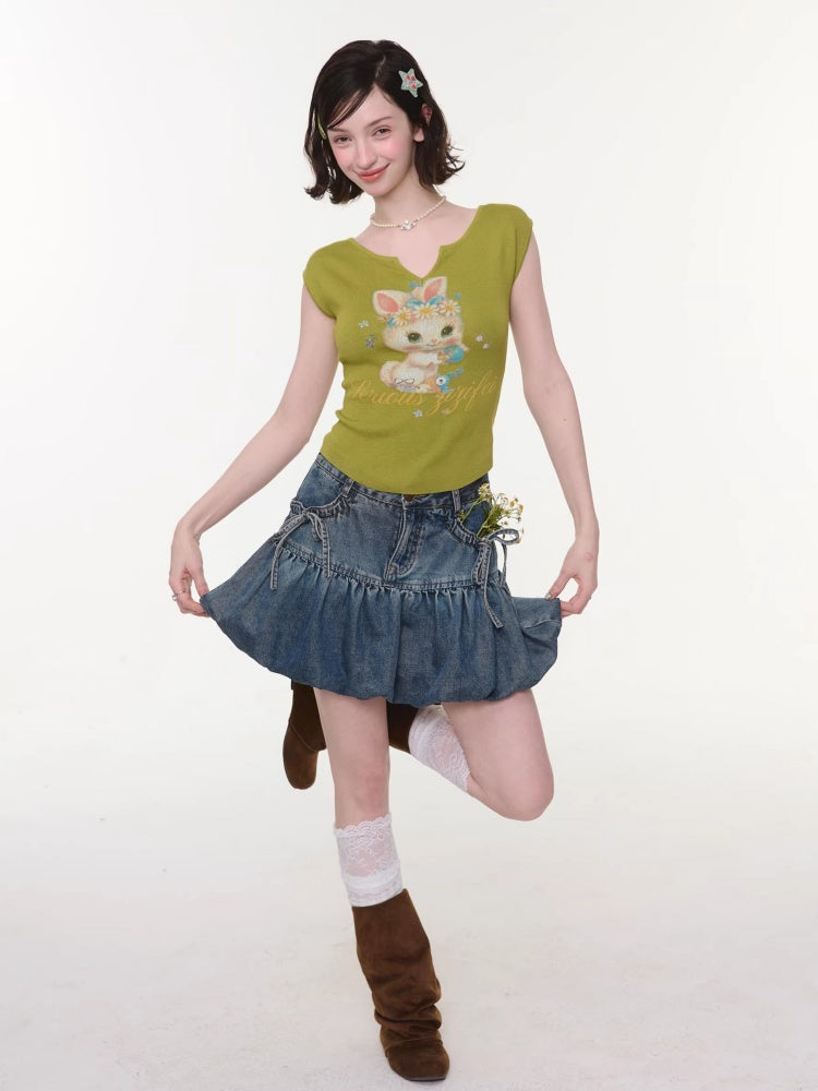 High-Waisted Slimming Bow Denim Bud Pocket Skirt【s0000016152】