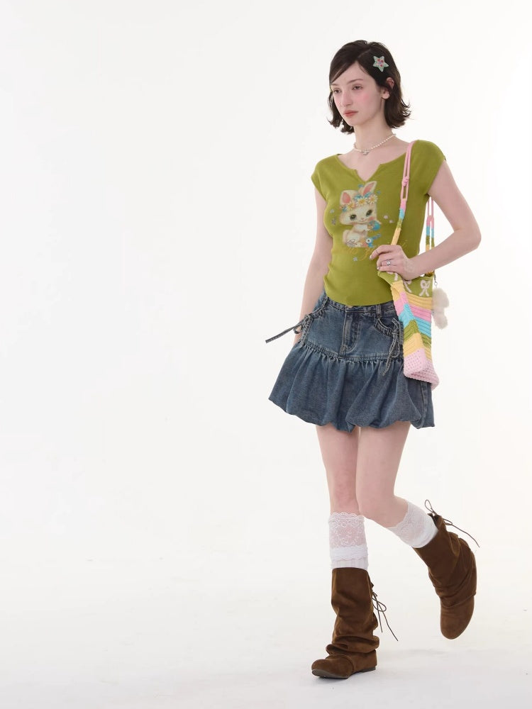 High-Waisted Slimming Bow Denim Bud Pocket Skirt【s0000016152】