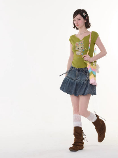 High-Waisted Slimming Bow Denim Bud Pocket Skirt【s0000016152】