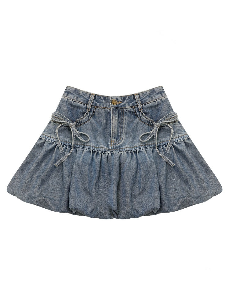 High-Waisted Slimming Bow Denim Bud Pocket Skirt【s0000016152】