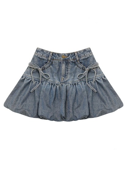 High-Waisted Slimming Bow Denim Bud Pocket Skirt【s0000016152】