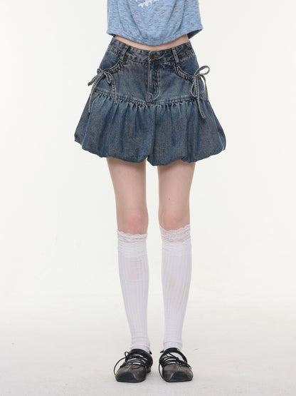 High-Waisted Slimming Bow Denim Bud Pocket Skirt【s0000016152】