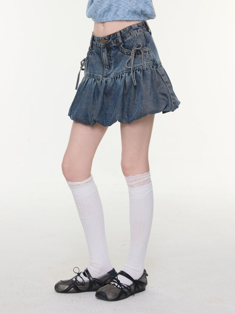 High-Waisted Slimming Bow Denim Bud Pocket Skirt【s0000016152】