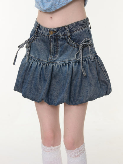 High-Waisted Slimming Bow Denim Bud Pocket Skirt【s0000016152】