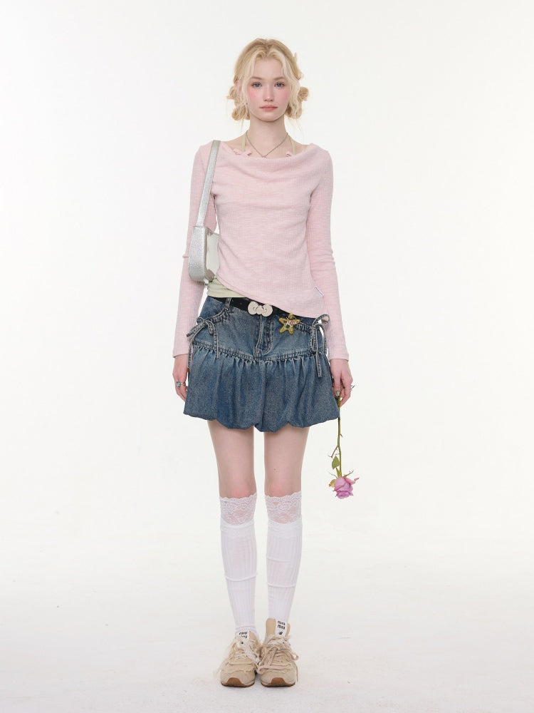High-Waisted Slimming Bow Denim Bud Pocket Skirt【s0000016152】