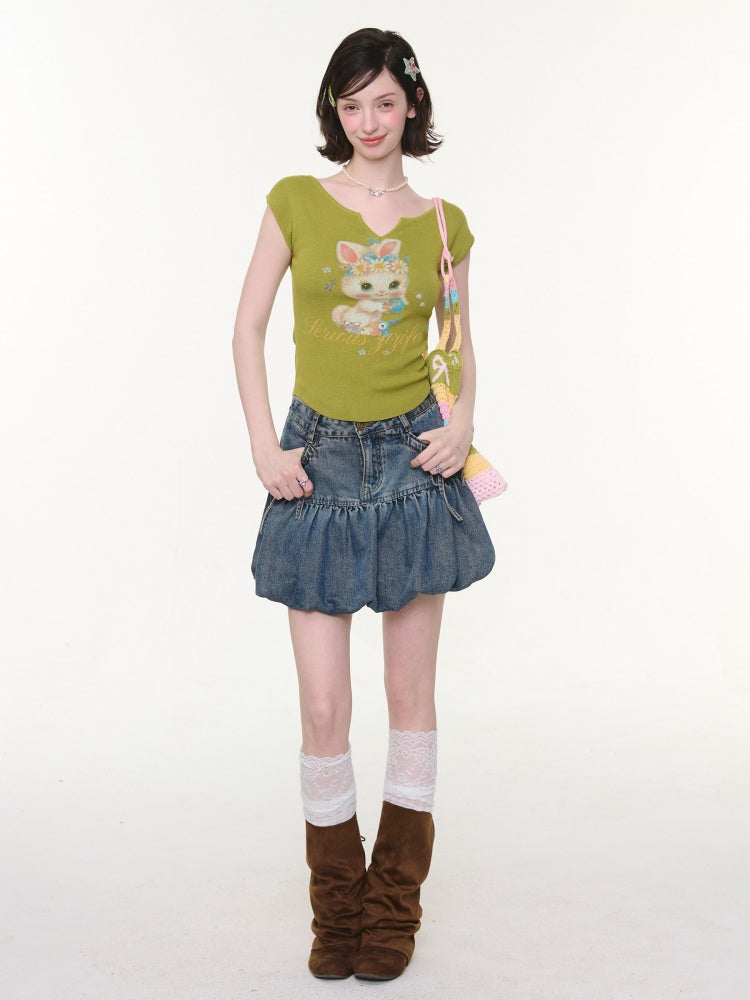 High-Waisted Slimming Bow Denim Bud Pocket Skirt【s0000016152】