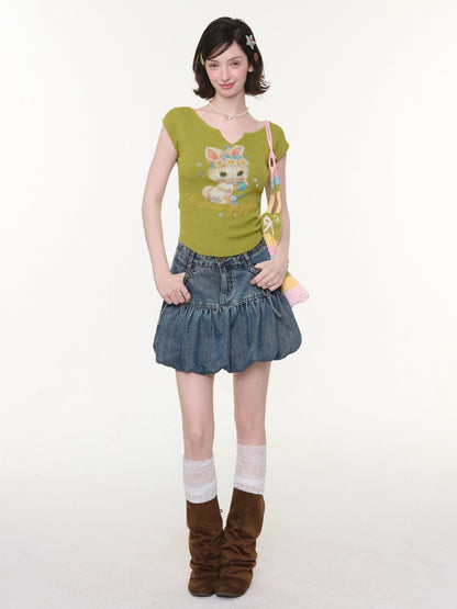 High-Waisted Slimming Bow Denim Bud Pocket Skirt【s0000016152】