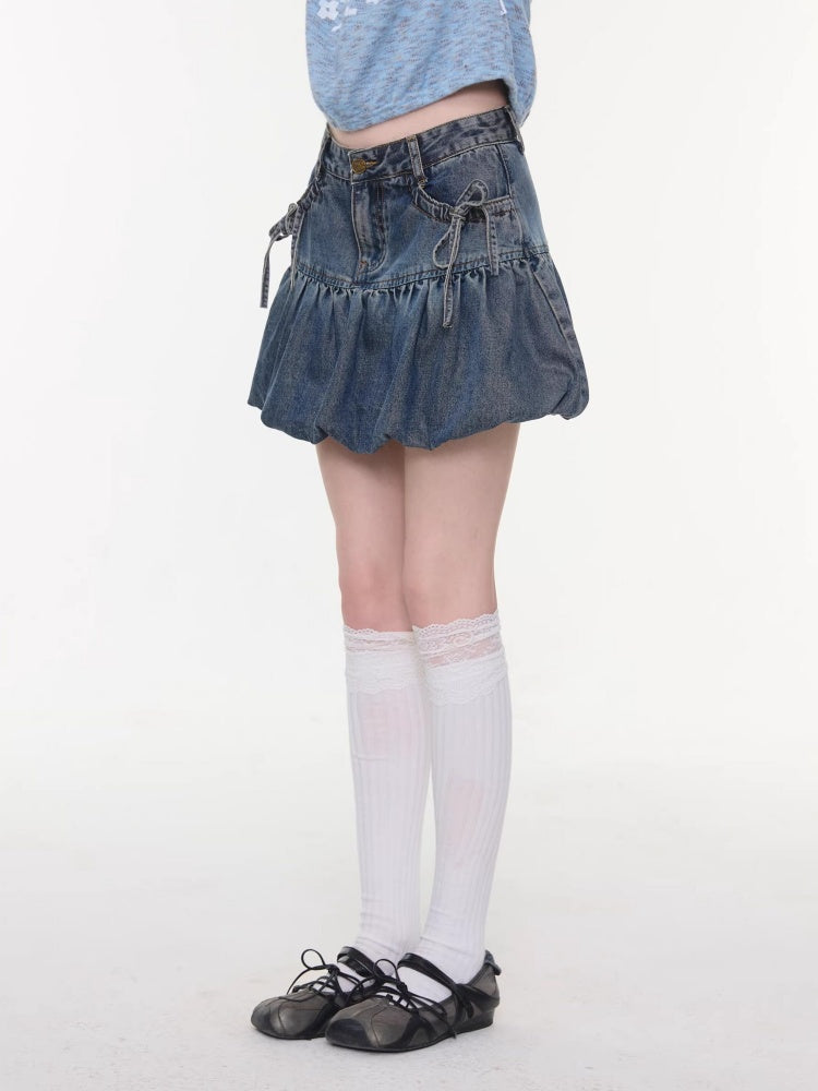 High-Waisted Slimming Bow Denim Bud Pocket Skirt【s0000016152】