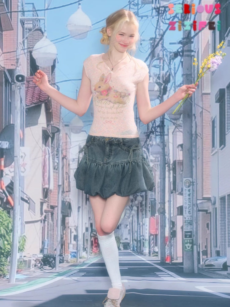 High-Waisted Slimming Bow Denim Bud Pocket Skirt【s0000016152】
