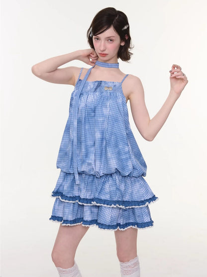 Plaid Lace Skirt Slip Cake Dress【s0000016154】