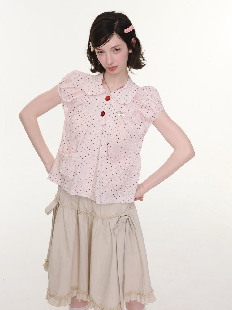 Polka Dot Retro Doll Collar Short Sleeve Shirt Pink【s0000016155】