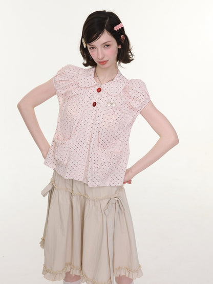 Polka Dot Retro Doll Collar Short Sleeve Shirt Pink【s0000016155】