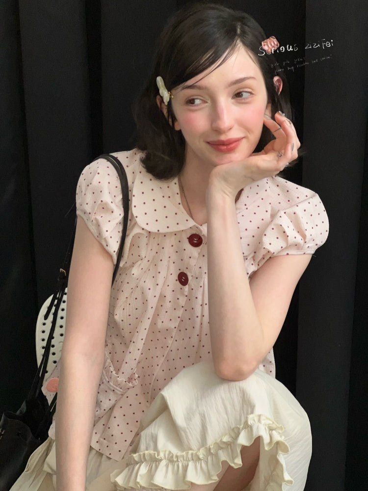 Polka Dot Retro Doll Collar Short Sleeve Shirt Pink【s0000016155】