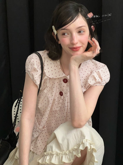 Polka Dot Retro Doll Collar Short Sleeve Shirt Pink【s0000016155】