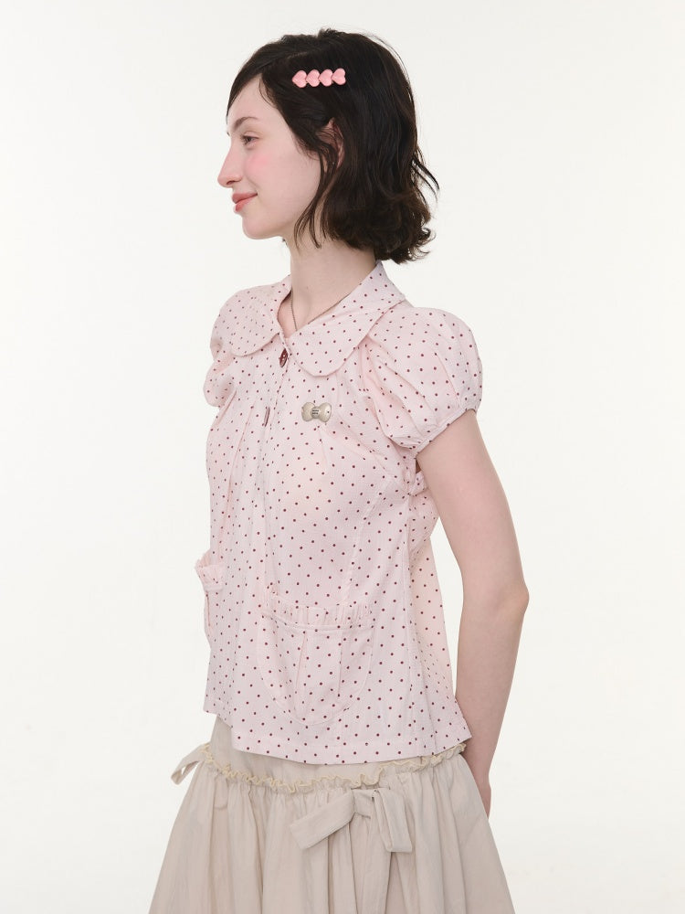 Polka Dot Retro Doll Collar Short Sleeve Shirt Pink【s0000016155】