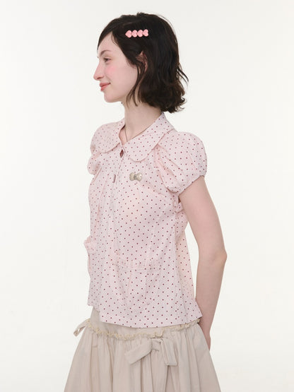 Polka Dot Retro Doll Collar Short Sleeve Shirt Pink【s0000016155】