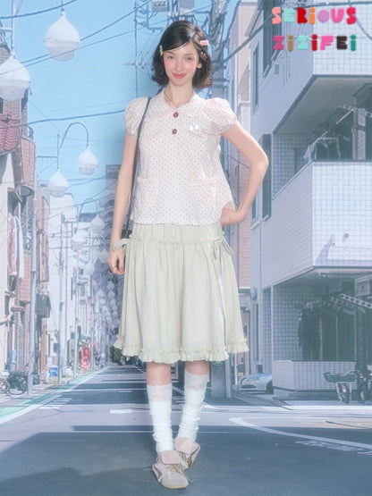 Polka Dot Retro Doll Collar Short Sleeve Shirt Pink【s0000016155】