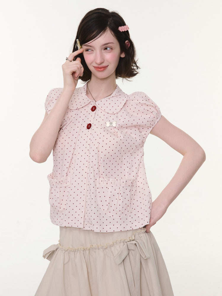 Polka Dot Retro Doll Collar Short Sleeve Shirt Pink【s0000016155】