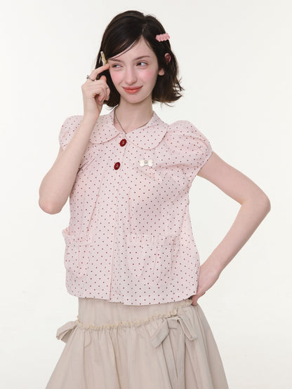 Polka Dot Retro Doll Collar Short Sleeve Shirt Pink【s0000016155】