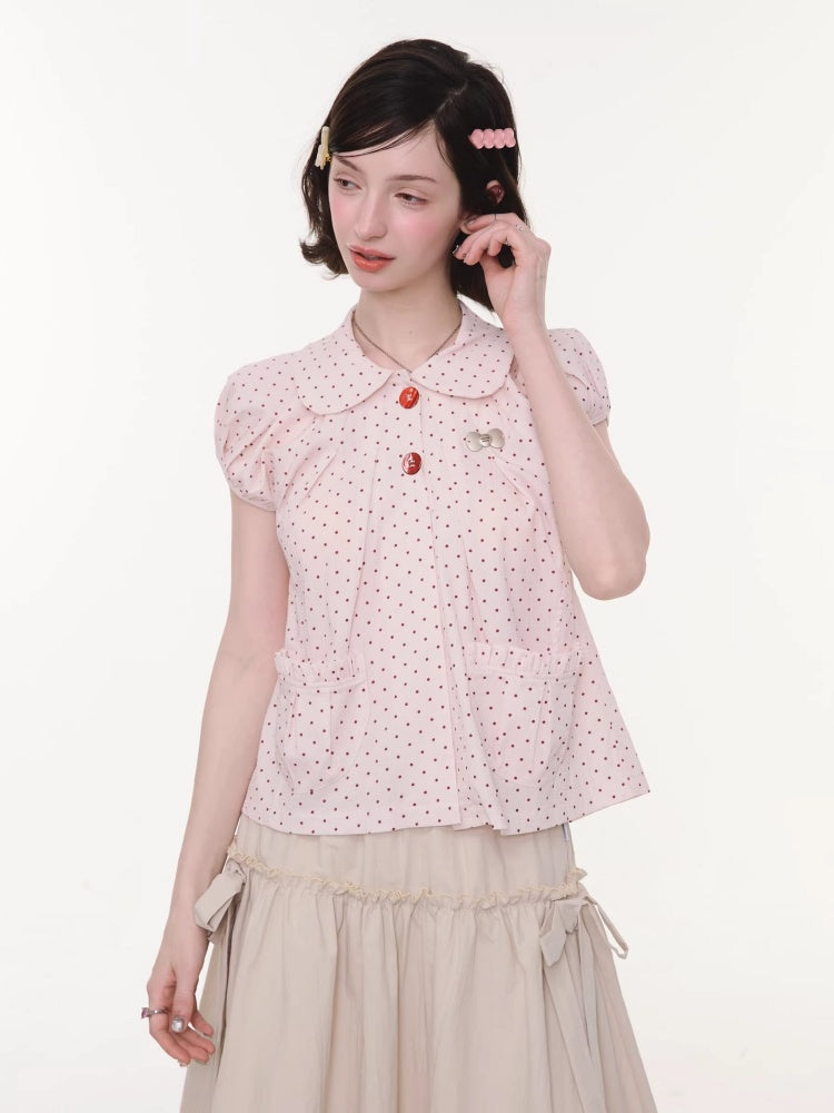 Polka Dot Retro Doll Collar Short Sleeve Shirt Pink【s0000016155】