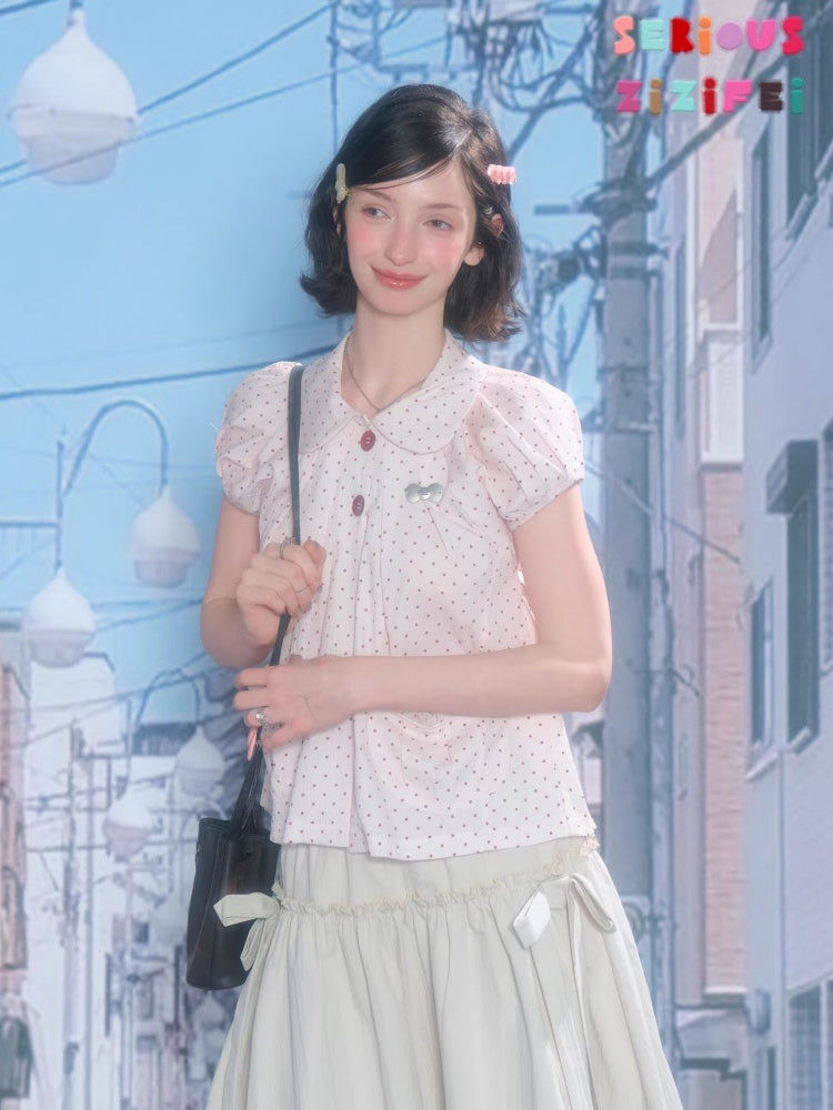 Polka Dot Retro Doll Collar Short Sleeve Shirt Pink【s0000016155】
