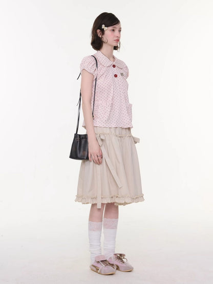 Polka Dot Retro Doll Collar Short Sleeve Shirt Pink【s0000016155】