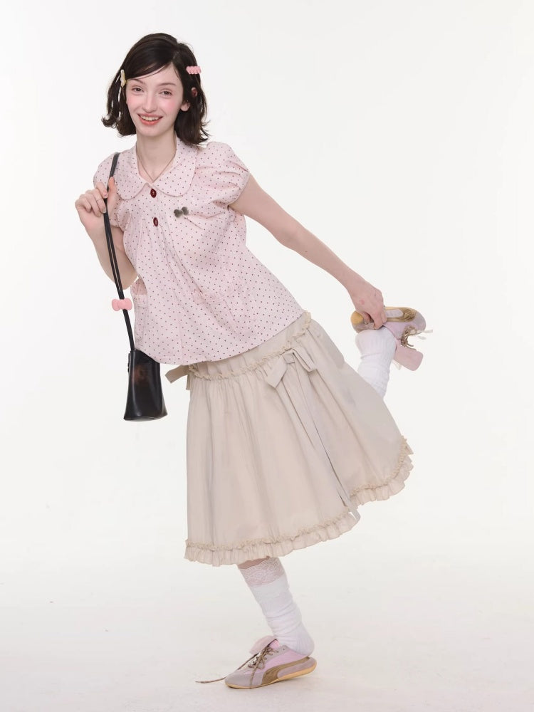 Polka Dot Retro Doll Collar Short Sleeve Shirt Pink【s0000016155】