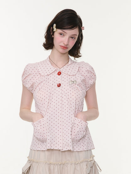 Polka Dot Retro Doll Collar Short Sleeve Shirt Pink【s0000016155】