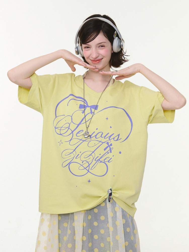 V-Neck Letter Print Loose Short-Sleeved T-Shirt Yellow【s0000016156】