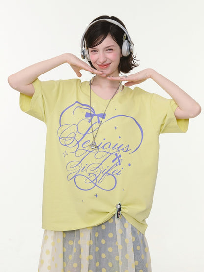 V-Neck Letter Print Loose Short-Sleeved T-Shirt Yellow【s0000016156】