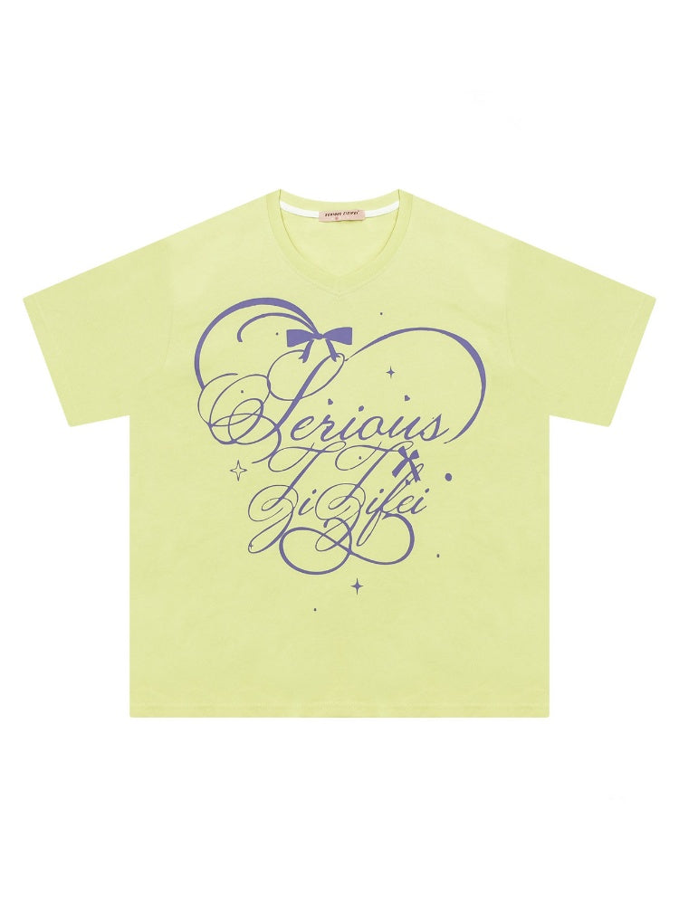 V-Neck Letter Print Loose Short-Sleeved T-Shirt Yellow【s0000016156】