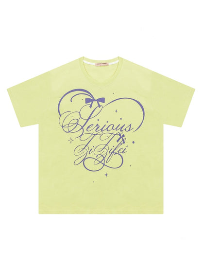 V-Neck Letter Print Loose Short-Sleeved T-Shirt Yellow【s0000016156】