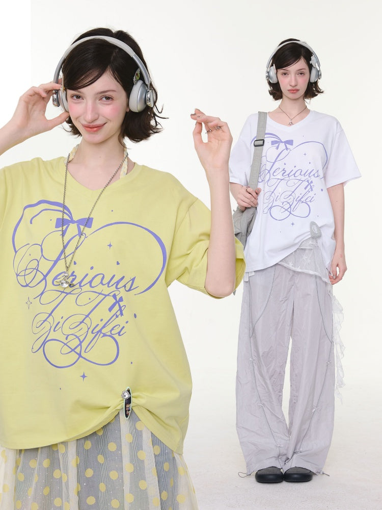 V-Neck Letter Print Loose Short-Sleeved T-Shirt Yellow【s0000016156】