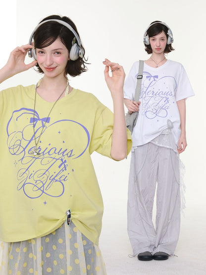 V-Neck Letter Print Loose Short-Sleeved T-Shirt Yellow【s0000016156】