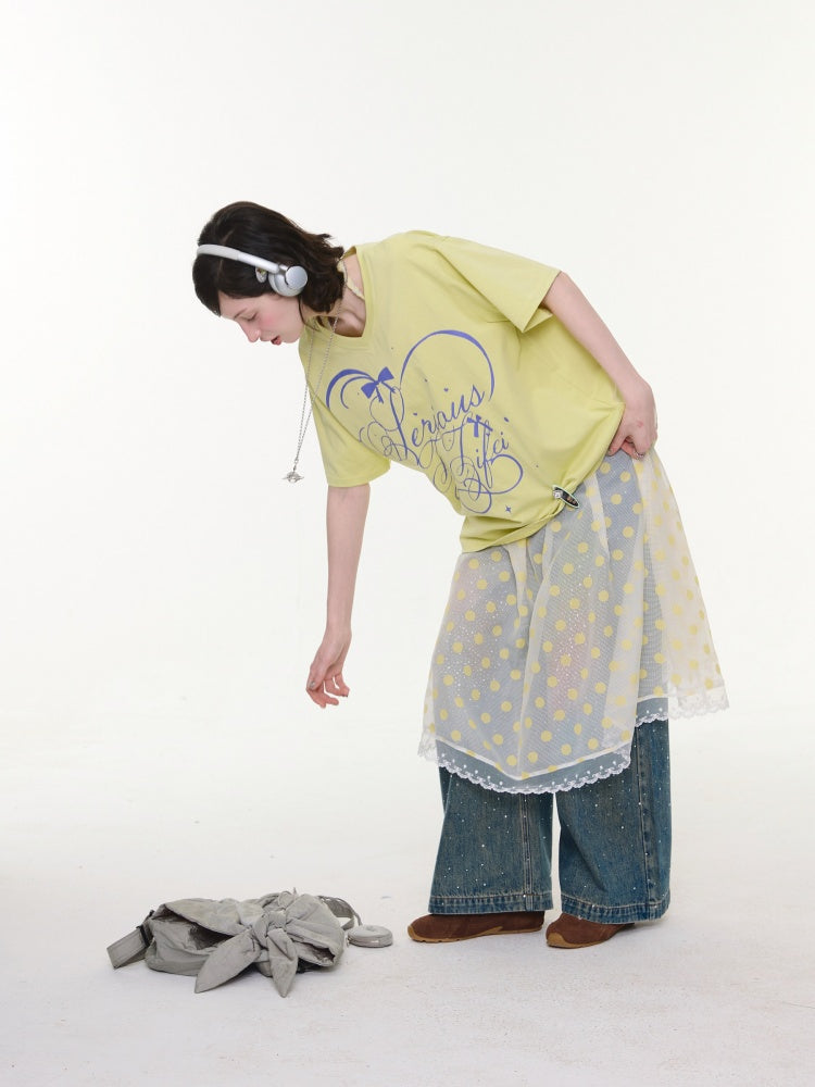 V-Neck Letter Print Loose Short-Sleeved T-Shirt Yellow【s0000016156】